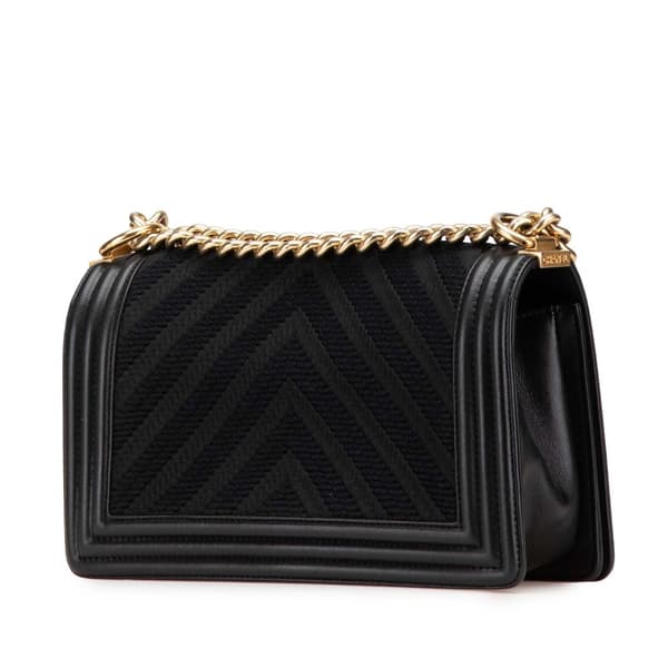 Pre-owned Chanel Old Medium Braided Chevron Cotton and Lambskin Boy Flap Black