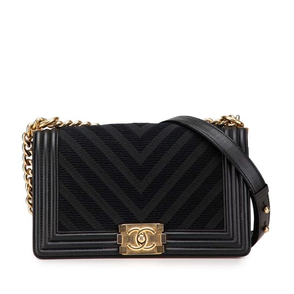 Pre-owned Chanel Old Medium Braided Chevron Cotton and Lambskin Boy Flap Black