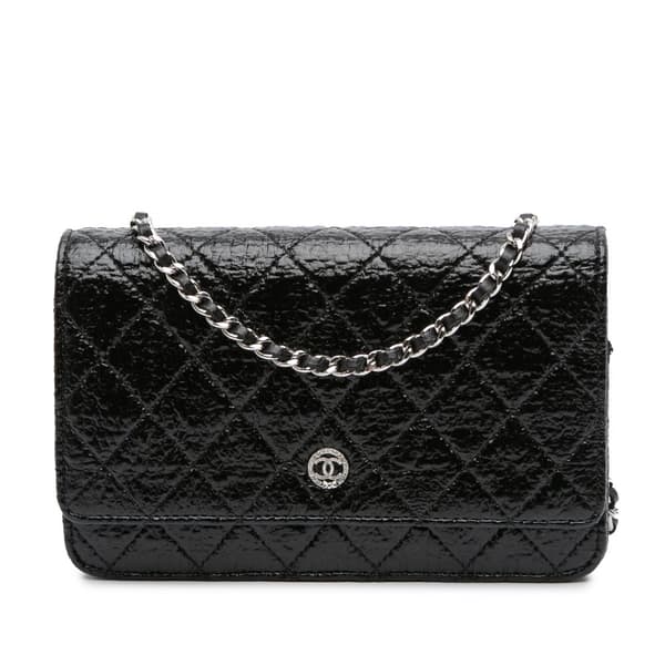 Pre-owned Chanel CC Quilted Crinkled Patent Wallet On Chain Black