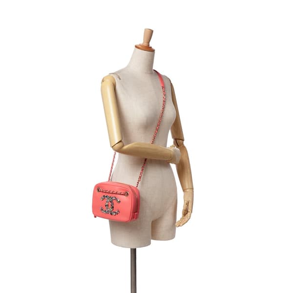 Pre-owned Chanel Lambskin Giant Crystal CC Camera Bag Pink