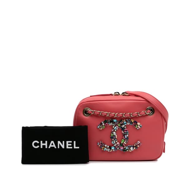 Pre-owned Chanel Lambskin Giant Crystal CC Camera Bag Pink