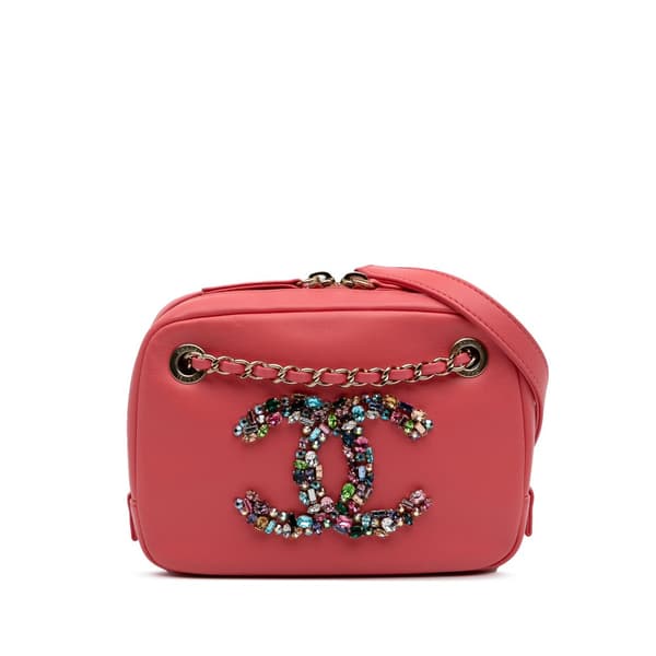 Pre-owned Chanel Lambskin Giant Crystal CC Camera Bag Pink