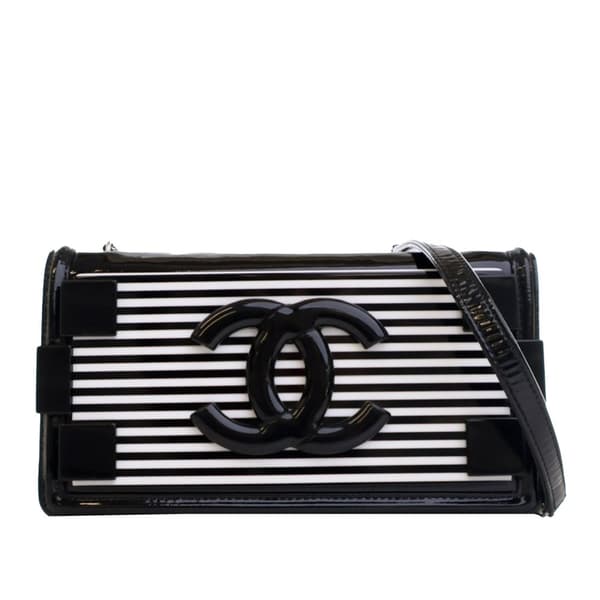 Pre-owned Chanel Patent and Acrylic Striped Boy Brick Horizontal Flap Black