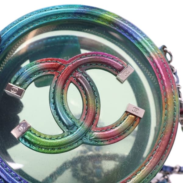 Pre-owned Chanel PVC and Metallic Lambskin CC Filigree Round Clutch with Chain Green