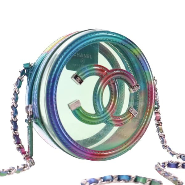 Pre-owned Chanel PVC and Metallic Lambskin CC Filigree Round Clutch with Chain Green