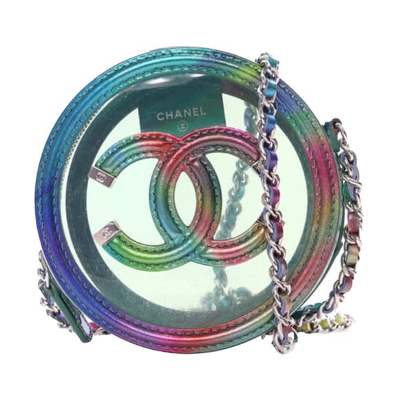 Pre-owned Chanel PVC and Metallic Lambskin CC Filigree Round Clutch with Chain Green