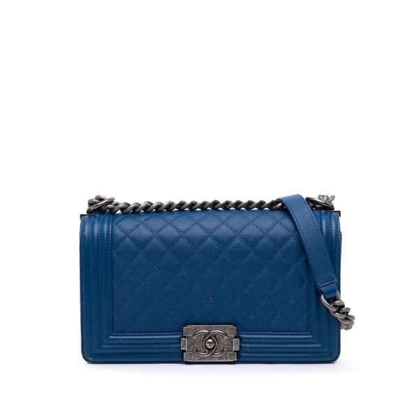 Pre-owned Chanel Old Medium Quilted Caviar Boy Flap Blue