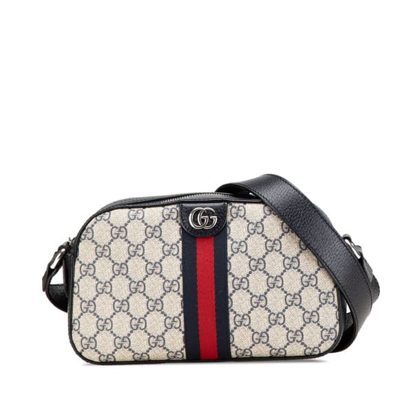 Pre-owned Gucci Small GG Supreme Textured Dollar Calfskin Web Ophidia Camera Bag Brown