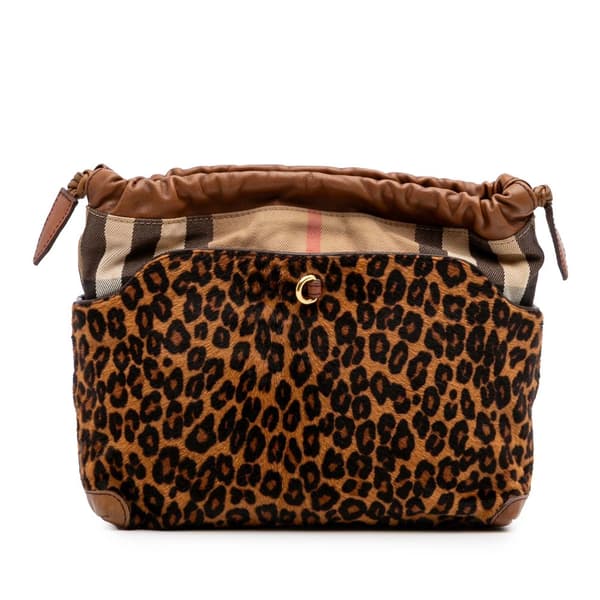 Pre-owned Burberry Leopard Print Pony Hair and House Check Canvas Little Crush Crossbody Brown