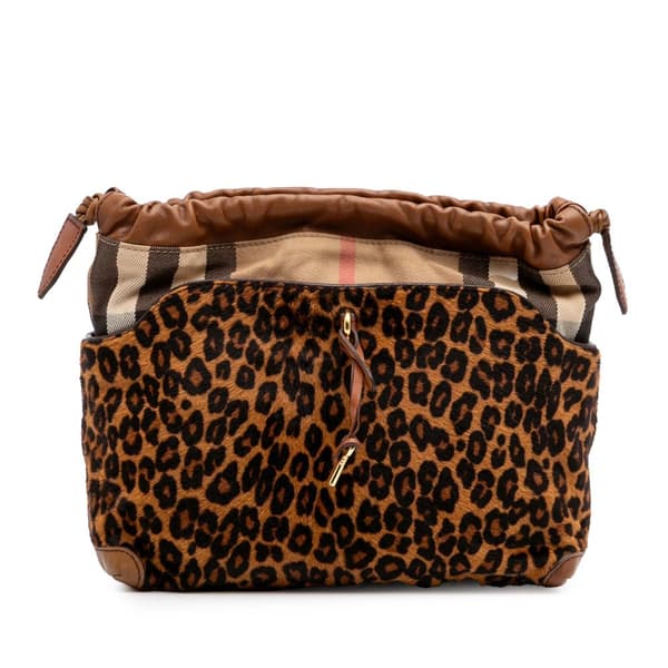 Pre-owned Burberry Leopard Print Pony Hair and House Check Canvas Little Crush Crossbody Brown