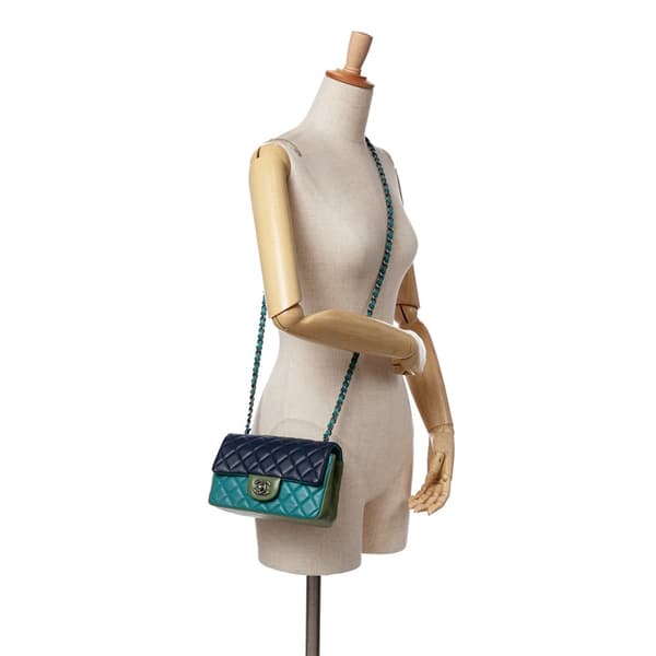 Pre-owned Chanel Mini Rectangular Classic Tricolor Lambskin Single Flap Blue