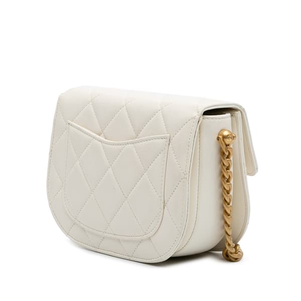 Pre-owned Chanel CC Quilted Lambskin Round Moon Messenger Flap White