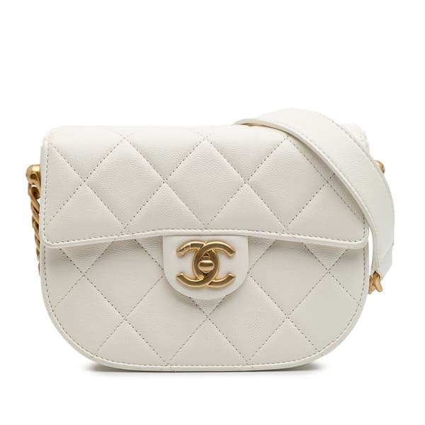 Pre-owned Chanel CC Quilted Lambskin Round Moon Messenger Flap White