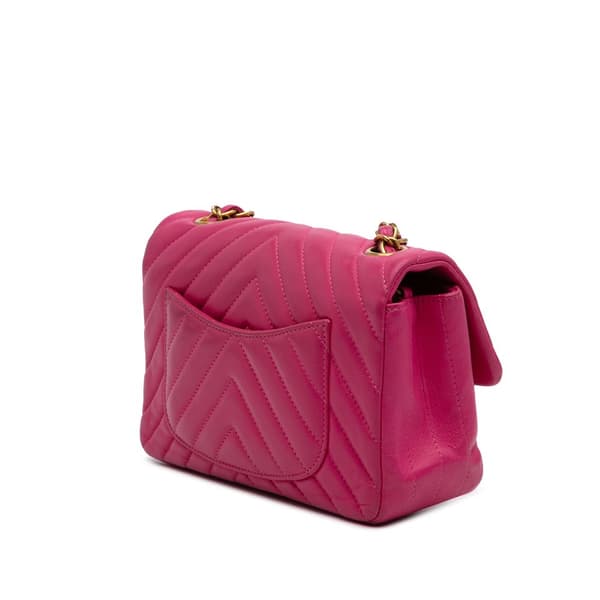 Pre-owned Chanel Mini Rectangular Classic Chevron Lambskin Single Flap Pink