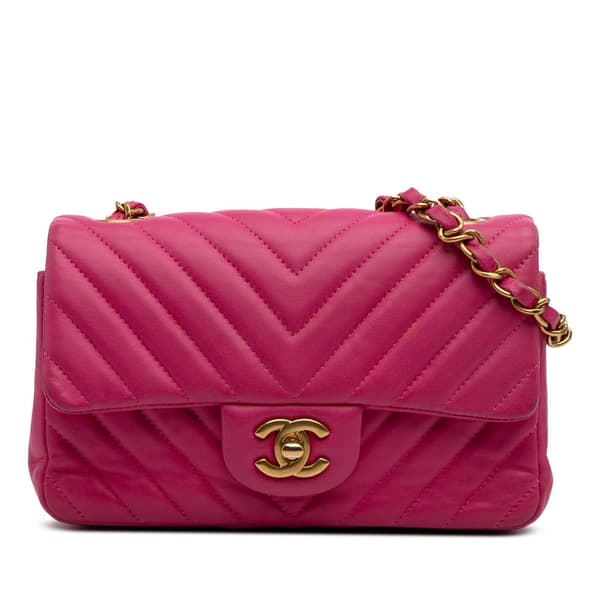 Pre-owned Chanel Mini Rectangular Classic Chevron Lambskin Single Flap Pink