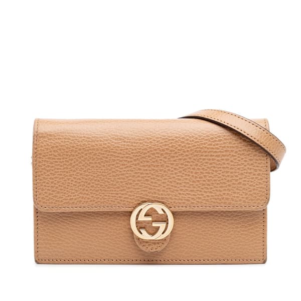 Pre-owned Gucci Interlocking G Dollar Calfskin Wallet on Chain Brown