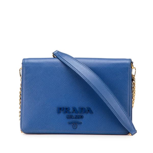 Pre-owned Prada Saffiano Lux Monochrome Wallet on Chain Blue