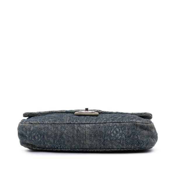 Pre-owned Chanel Large Embroidered Denim Camellia Flap Blue