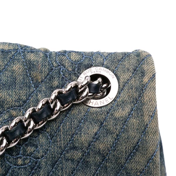 Pre-owned Chanel Large Embroidered Denim Camellia Flap Blue