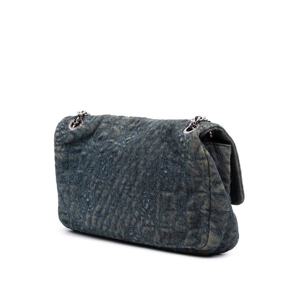 Pre-owned Chanel Large Embroidered Denim Camellia Flap Blue
