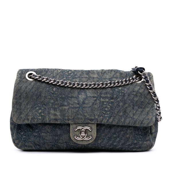 Pre-owned Chanel Large Embroidered Denim Camellia Flap Blue