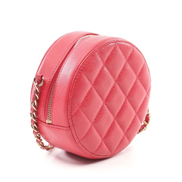 Pre-owned Chanel Quilted Caviar Round Clutch With Chain Red