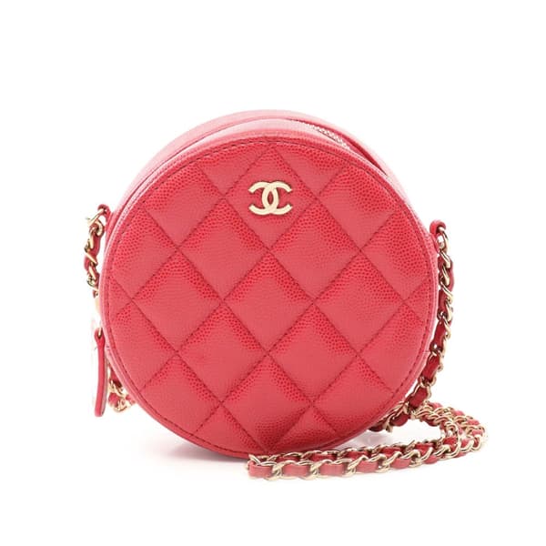 Pre-owned Chanel Quilted Caviar Round Clutch With Chain Red