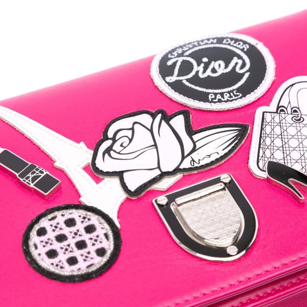 Pre-owned Dior Leather Patch Embroidered Diorama Wallet On Chain Pink