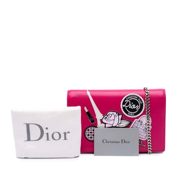 Pre-owned Dior Leather Patch Embroidered Diorama Wallet On Chain Pink