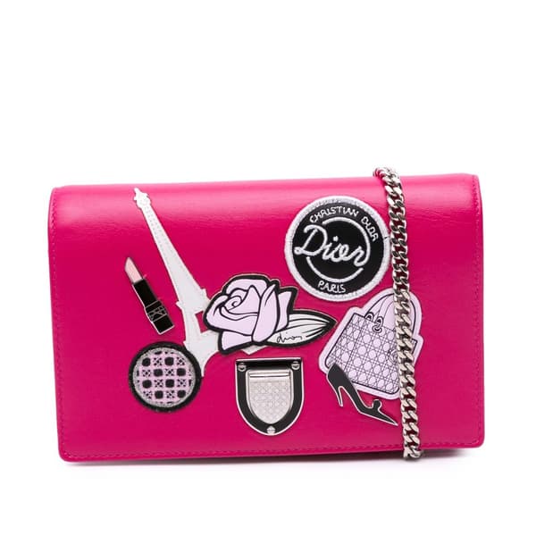 Pre-owned Dior Leather Patch Embroidered Diorama Wallet On Chain Pink
