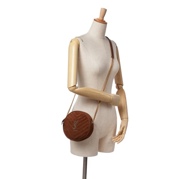 Pre-owned Saint Laurent Chevron Suede Round Vinyle Crossbody Brown