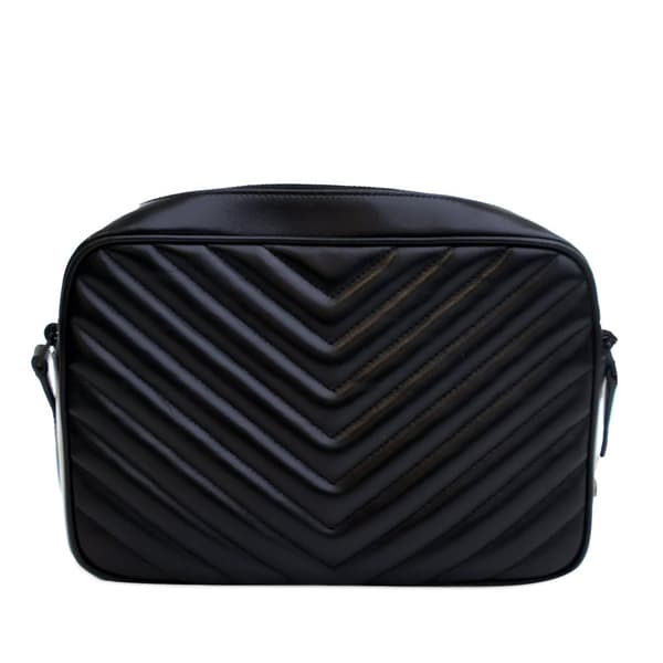 Pre-owned Saint Laurent Chevron Calfskin Monogram Monochrome Lou Camera Bag Black