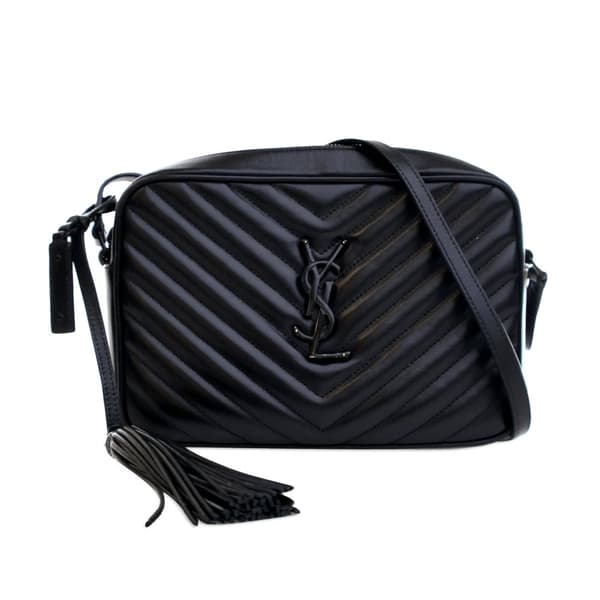 Pre-owned Saint Laurent Chevron Calfskin Monogram Monochrome Lou Camera Bag Black