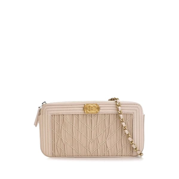 Pre-owned Chanel Small Chevron Crumpled Lambskin Boy Clutch With Chain Brown