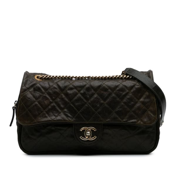 Pre-owned Chanel Large Quilted Glazed Caviar Shiva Flap Brown