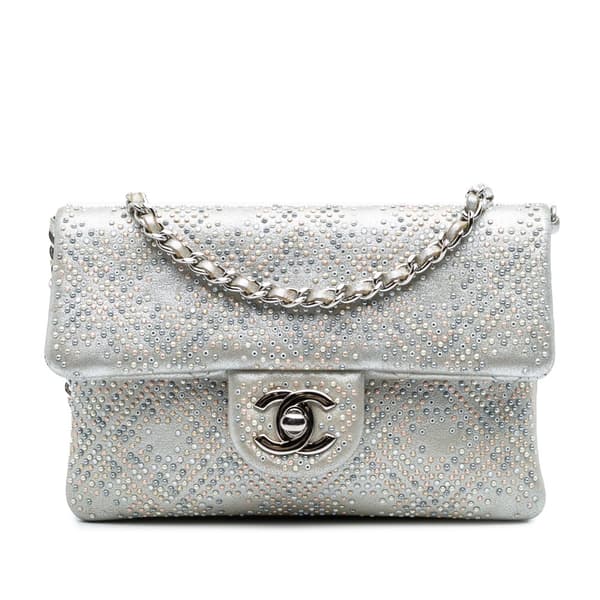 Pre-owned Chanel CC Iridescent and Studded Calfskin Flap Clutch on Chain Silver