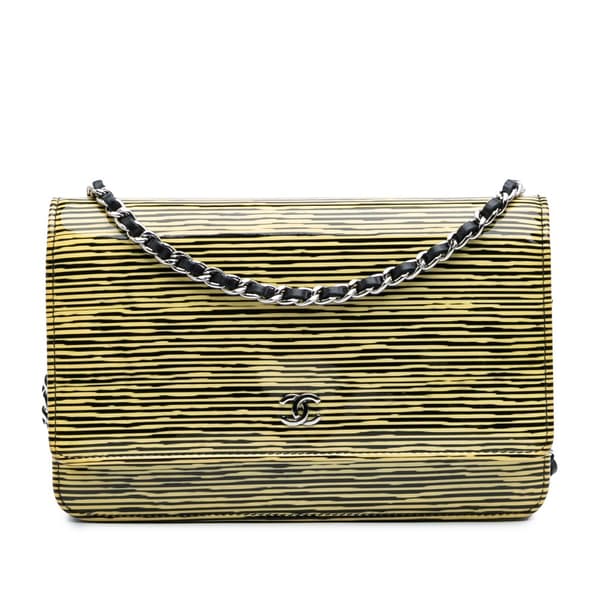Pre-owned Chanel Patent Striped Wallet On Chain Yellow