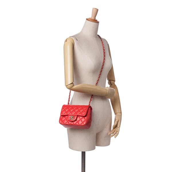 Pre-owned Chanel Mini Square Classic Lambskin Single Flap Red