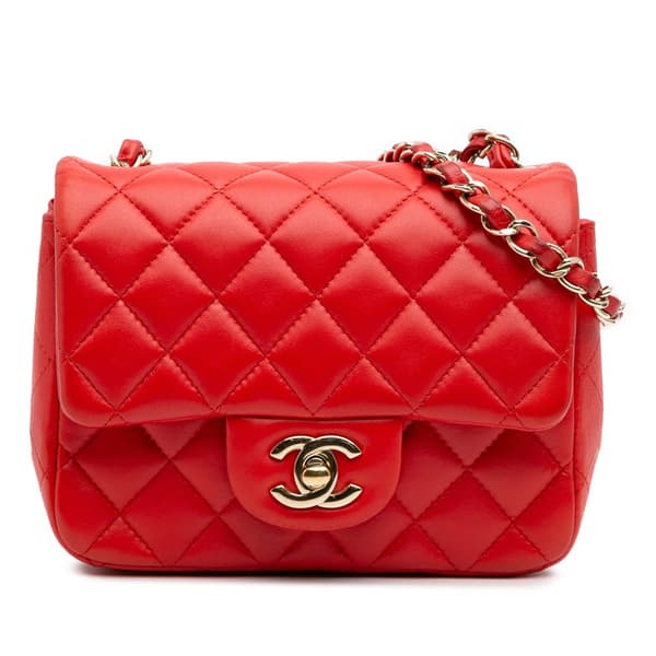 Pre-owned Chanel Mini Square Classic Lambskin Single Flap Red