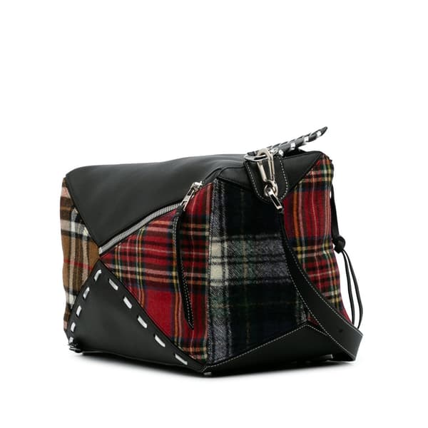 Pre-owned LOEWE XL Leather and Wool Tartan Puzzle Crossbody Black