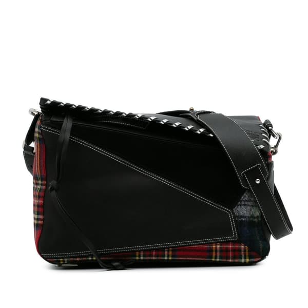Pre-owned LOEWE XL Leather and Wool Tartan Puzzle Crossbody Black