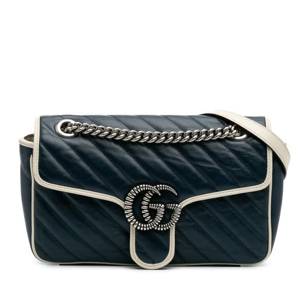 Pre-owned Gucci Small GG Marmont Matelasse Leather Torchon Flap Crossbody Blue