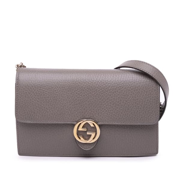 Pre-owned Gucci Leather Interlocking G Dollar Wallet on Chain Gray