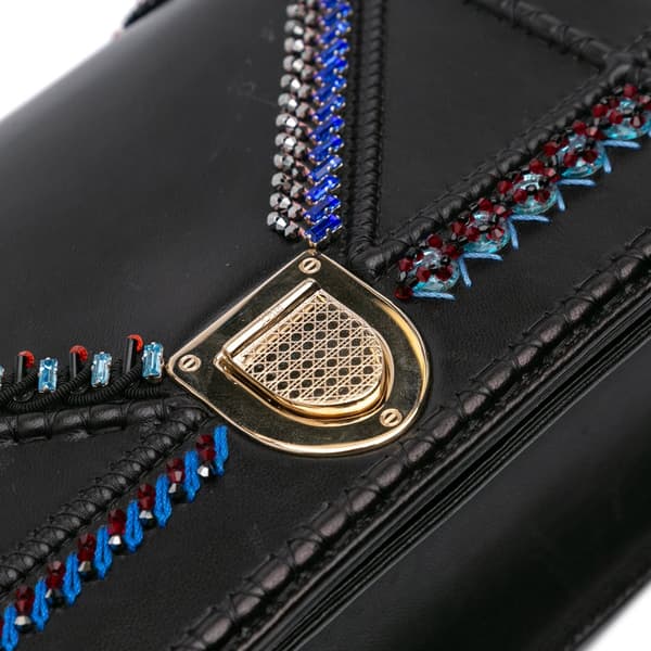 Pre-owned Dior Medium Calfskin Crystal Embroidered Diorama Flap Black