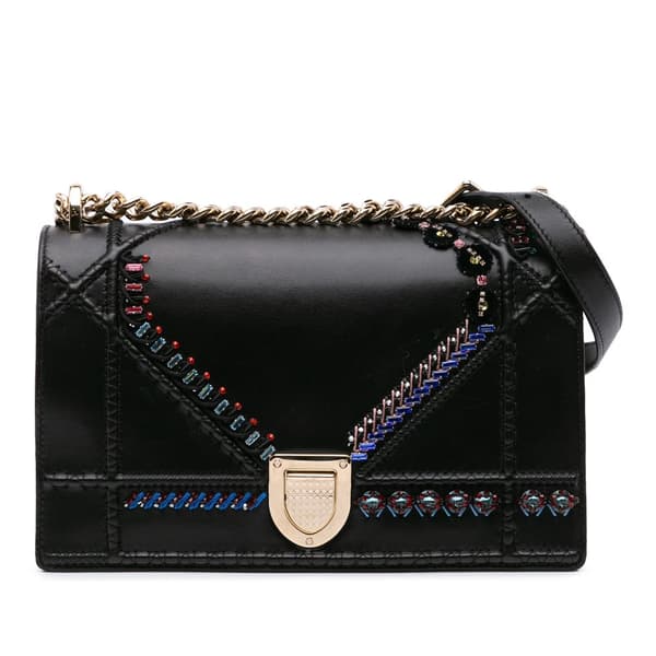 Pre-owned Dior Medium Calfskin Crystal Embroidered Diorama Flap Black
