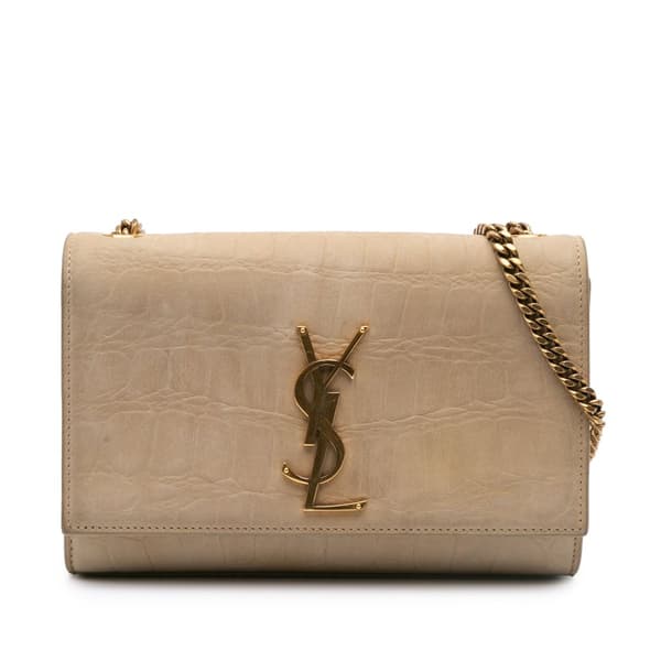 Pre-owned Saint Laurent Small Croc Embossed Nubuck Monogram Kate Crossbody Brown