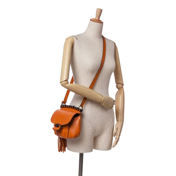 Pre-owned Gucci Small Leather Bamboo Nouveau Fringe Crossbody Orange