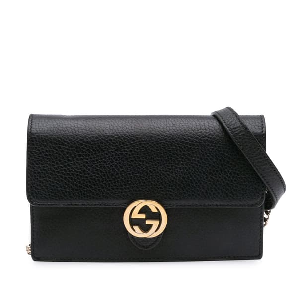 Pre-owned Gucci Leather Interlocking G Dollar Wallet on Chain Black