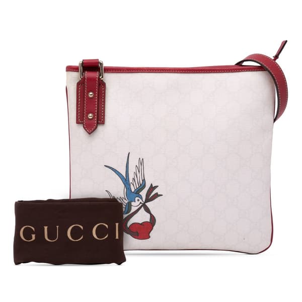 Pre-owned Gucci GG Supreme Bird Tattoo Messenger Bag White