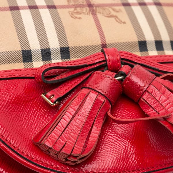Pre-owned Burberry Patent Leather and Haymarket Check Coated Canvas Maydown Crossbody Red